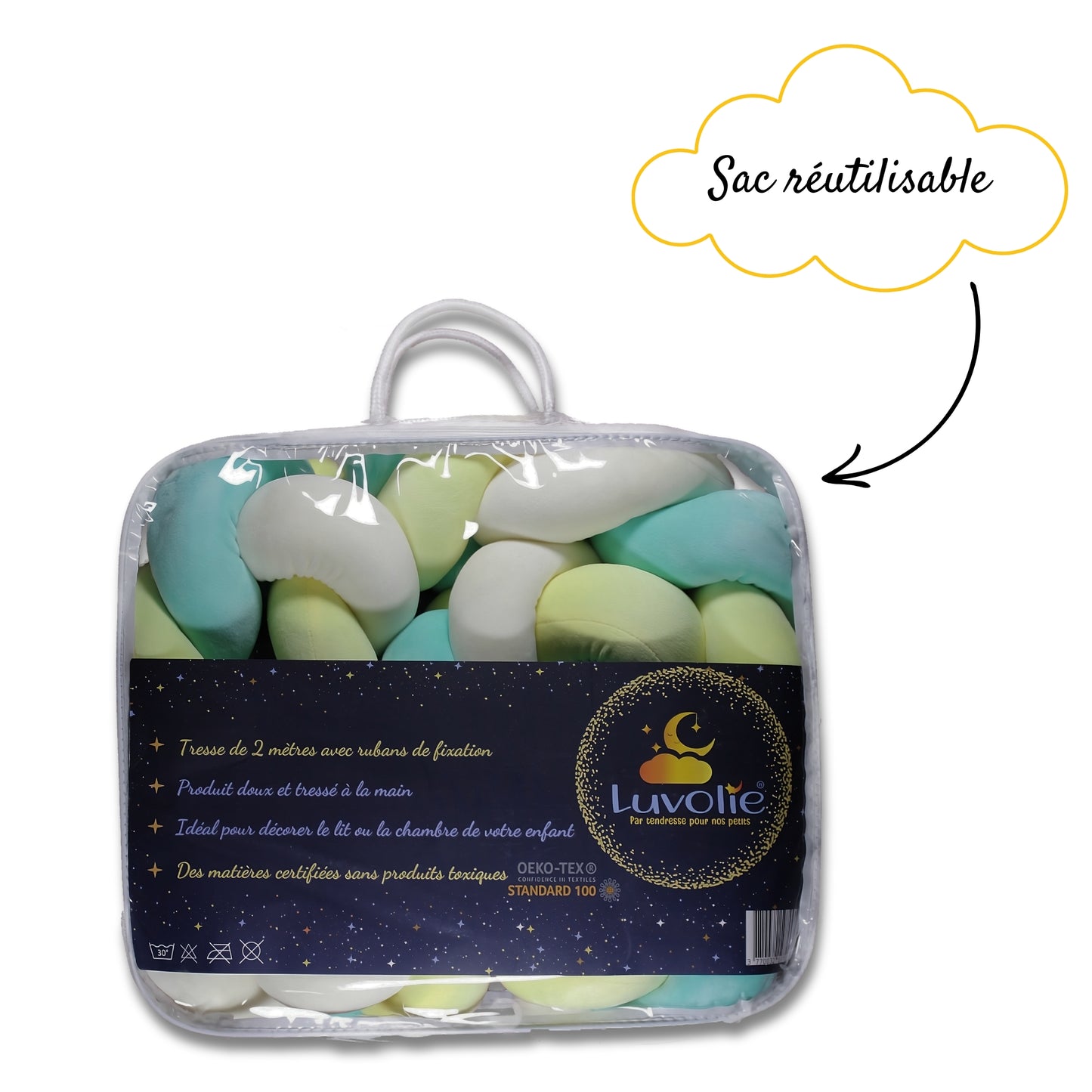 Tresse de lit Luvolie dans son sac réutilisable transparent, idéale pour offrir ou ranger